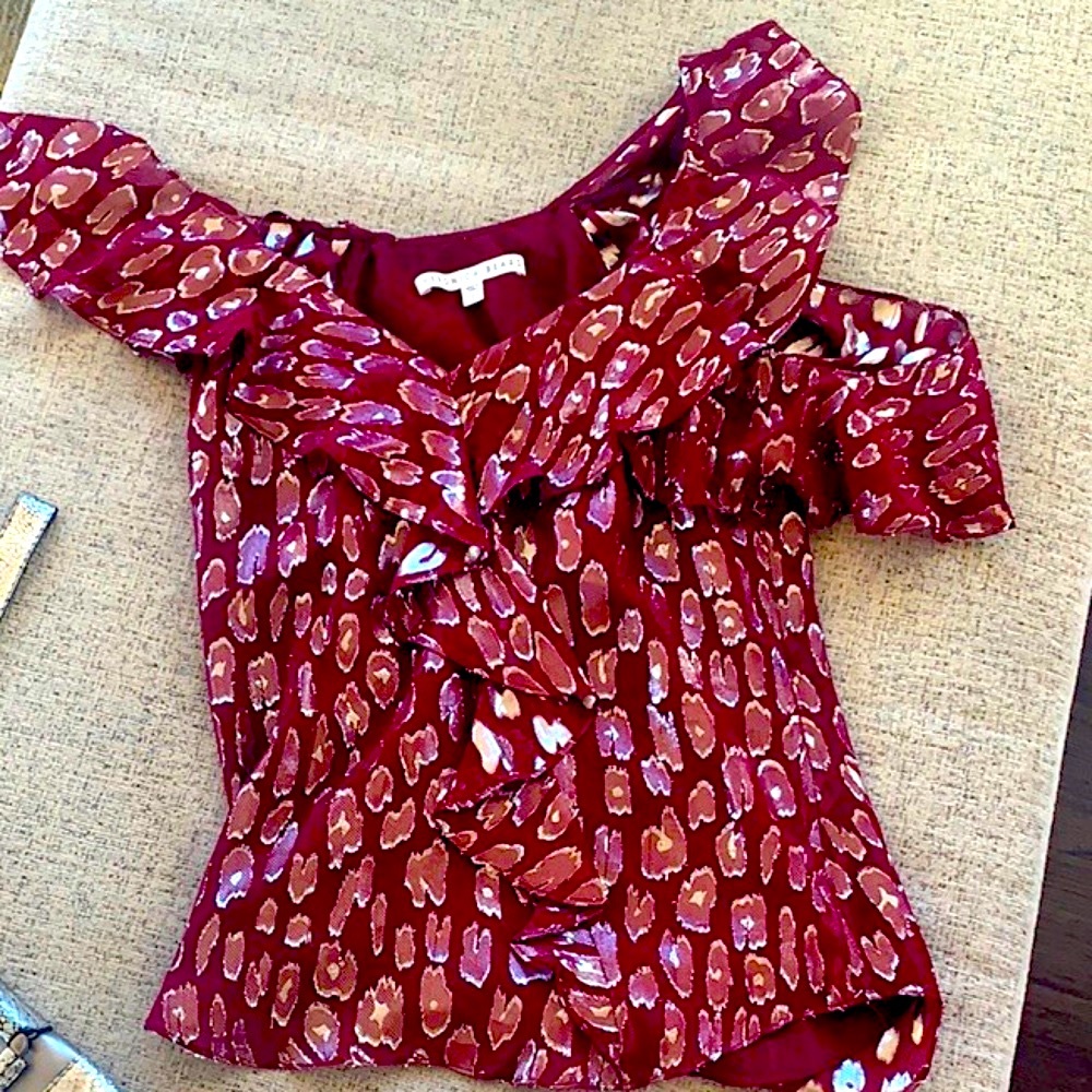 Veronica Beard Chiffon Top with perfectly stitched metallic silver cheetah print